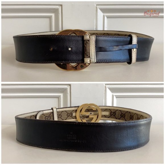 Authentic Gucci Cream Monogram Canvas Leather Interlocking G Buckle Belt 80/32 - Picture 6 of 13